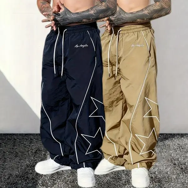 Three-color side reflective five-pointed star jogger sweatpants — lightweight, quick-drying, loose fit with drawstring wide legs; trendy streetwear for young people, versatile bottoms