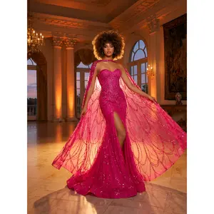 Strapless Embellished Fitted Evening Gown with High Slit and Sheer Overlay