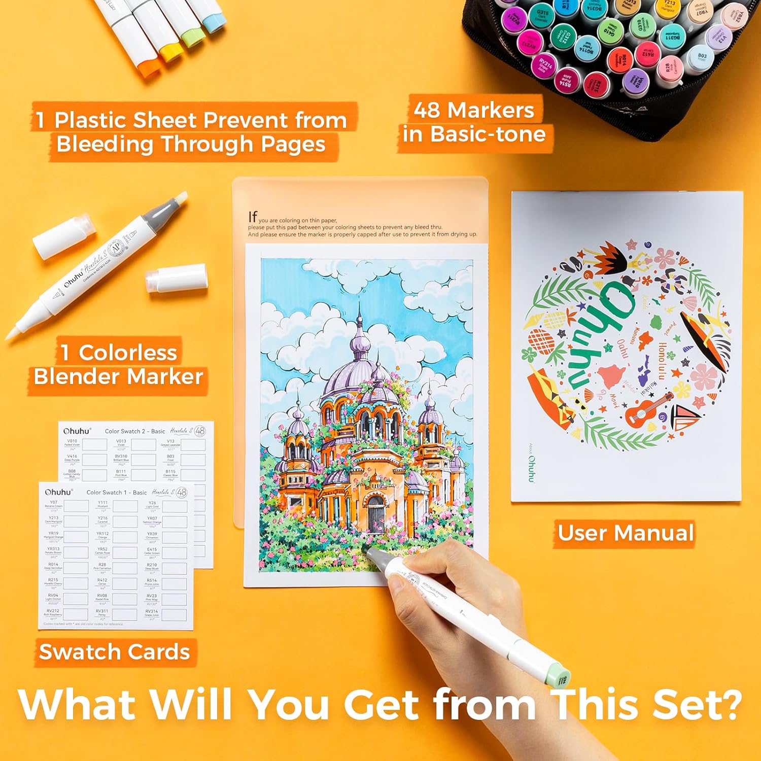 Ohuhu Soft Chisel Alcohol Markers Red Dot Design Award Winner Brush & Soft Chisel Dual Tips Drawing Markers for Artist Beginner Adult Coloring Illustration Sketching -Honolulu S - 24 skin-tone / 48 basic tone / 60 Illustration-color