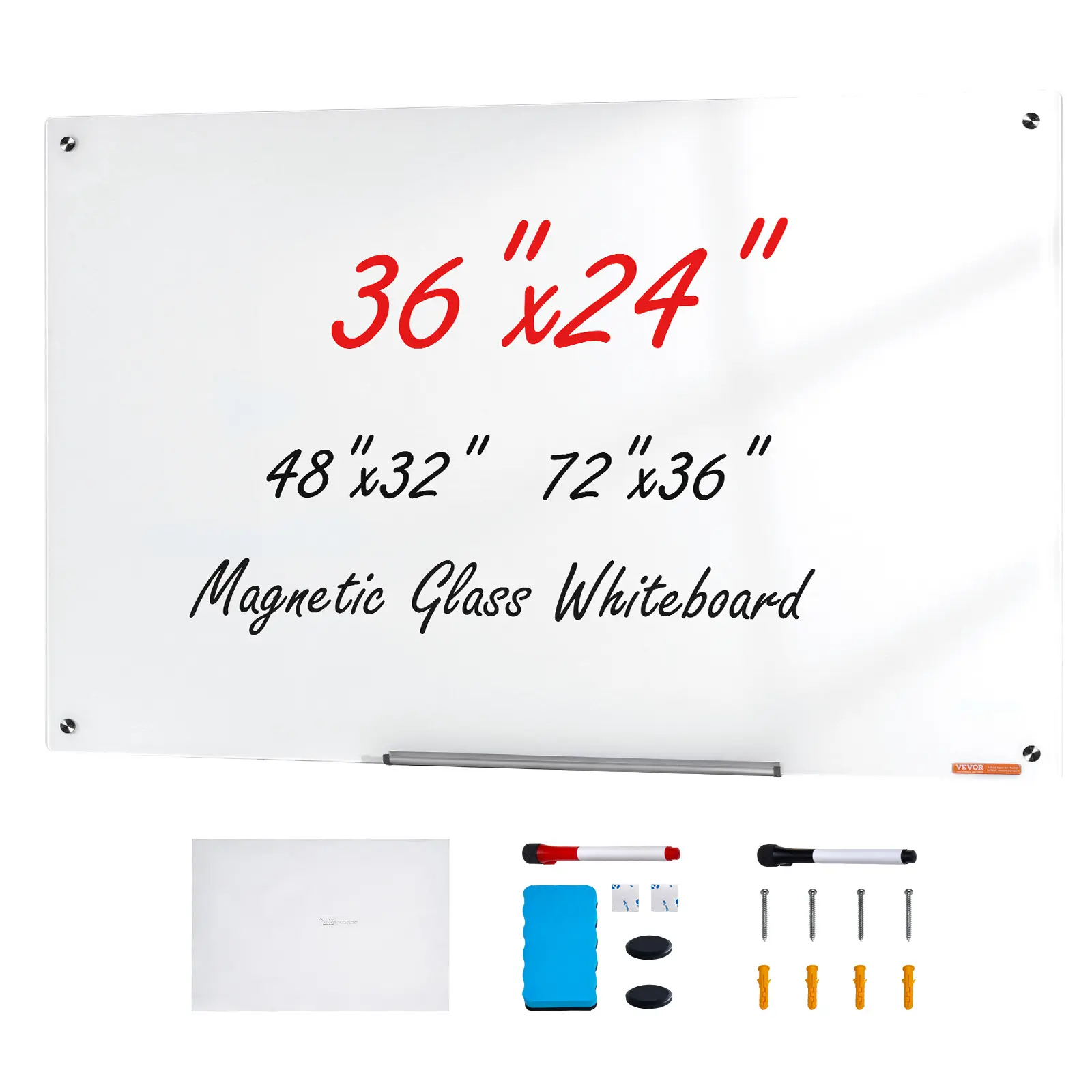 VEVOR 36"x24" Frameless Tempered Glass Magnetic Message Board Kit, Wall-Mounted White Board with 0.4mm Thick Galvanized Sheet, Marker Tray, Eraser & 2 Markers for Home Office, Cafes, White Board Kit
