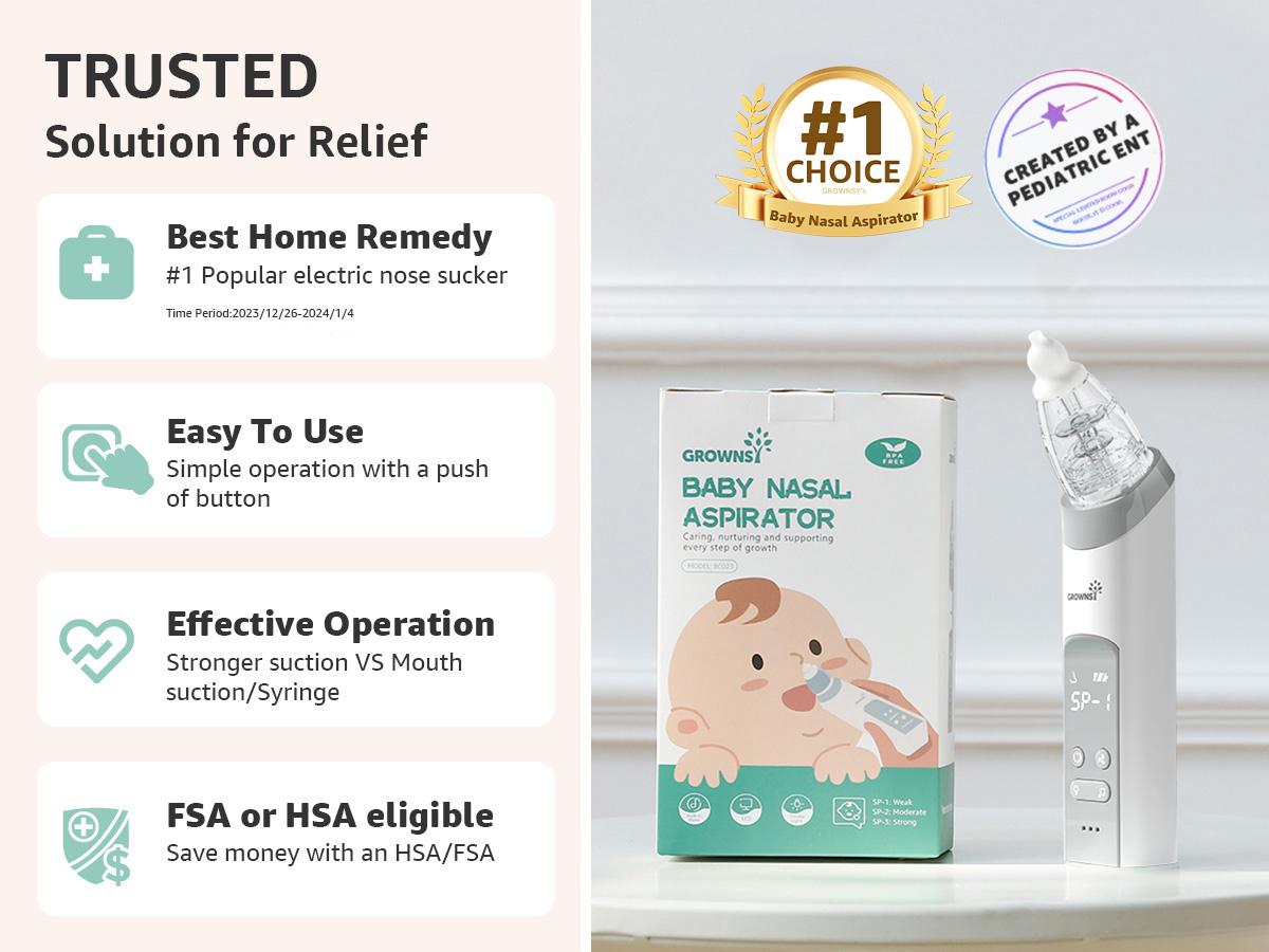 Grownsy Nasal Aspirator for Baby, Electric Nose Aspirator for Toddler, Baby Nose Sucker, Automatic Nose Cleaner with 3 Silicone Tips, Adjustable Suction Level, Music and Light Soothing Function