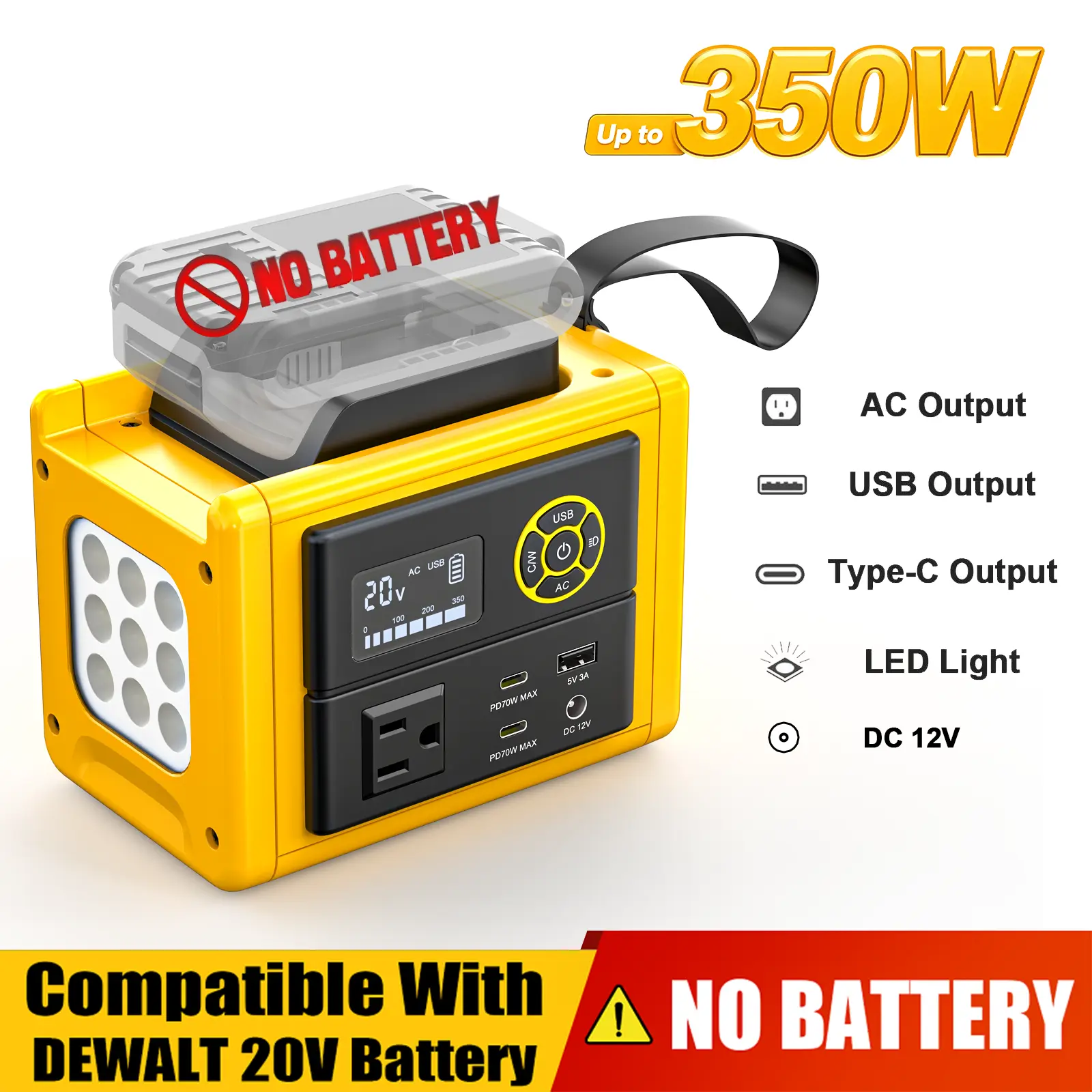 Ecarke 350W Power Inverter Compatible with DeWALT 20V Battery,【Battery NOT Included】, DC to AC 110V Power Station: 2x70W USB-C Fast Charger, AC, USB-A, 12V DC, 800lm LED & Display – Camping, Job Site, Emergency