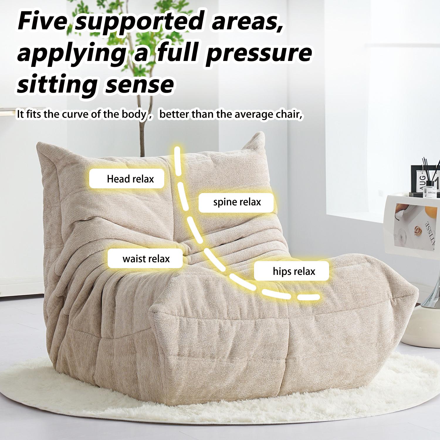 Togo Sofa Caterpillar Bean Bag Chair Chenille Fabric 1 Seater Memory Foam Lounger Upholstered Couch Free 5FT Carpet Modern Comfy Living Room Furniture