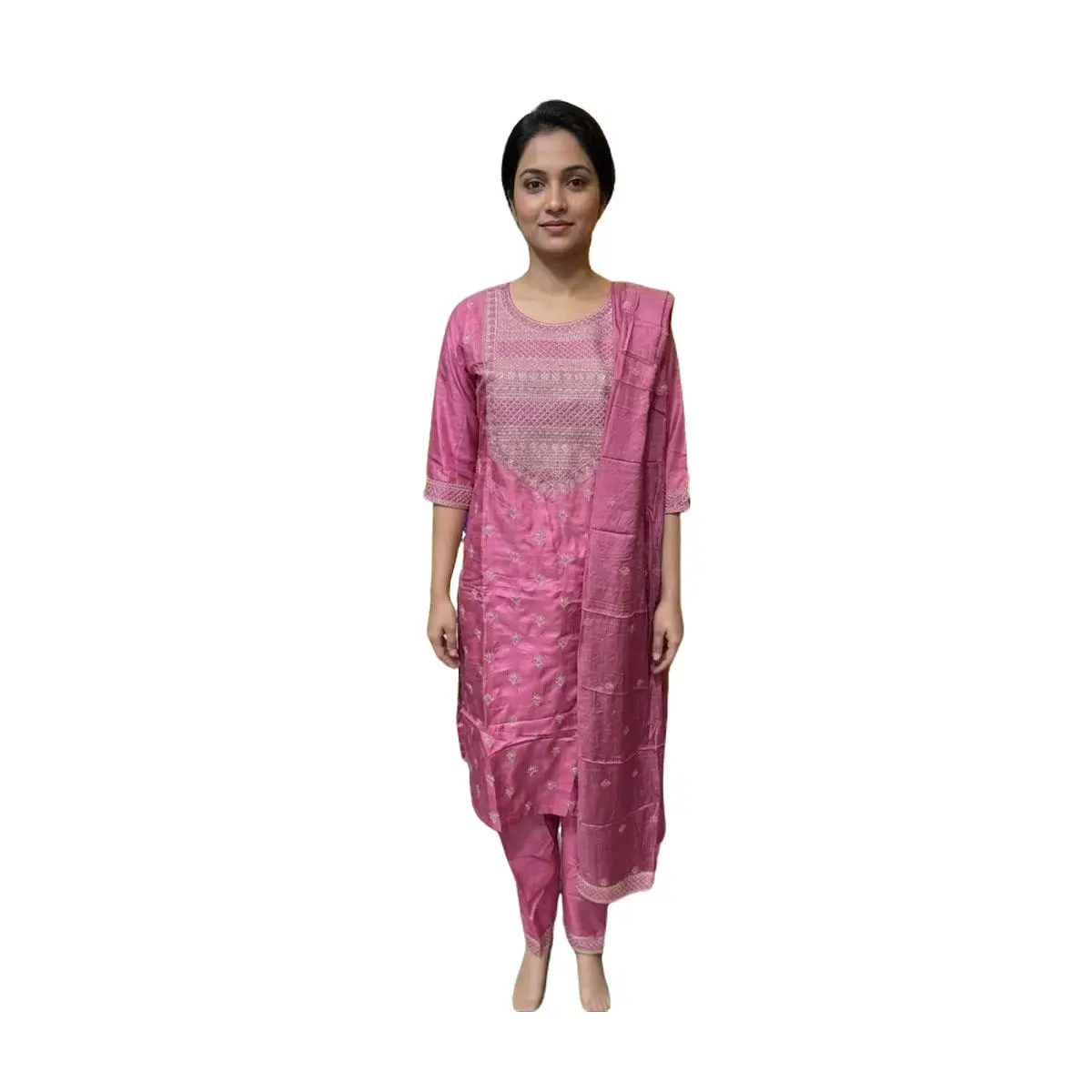 #7S-5 Rose Pink Embroidered Kurta Set with Dupatta – 3-Piece Ethnic Wear