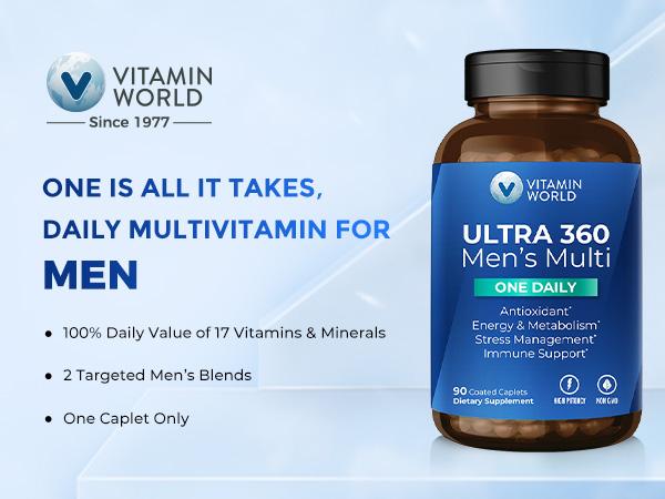 Vitamin World Ultra 360 Multivitamin for Men One Daily, Men's Multivitamin with Minerals, Herbs & Antioxidants, Daily Supplement with Vitamin A, C, D, E, B-Complex & Zinc for Energy, Muscle & Immune Support, 90 Caplets
