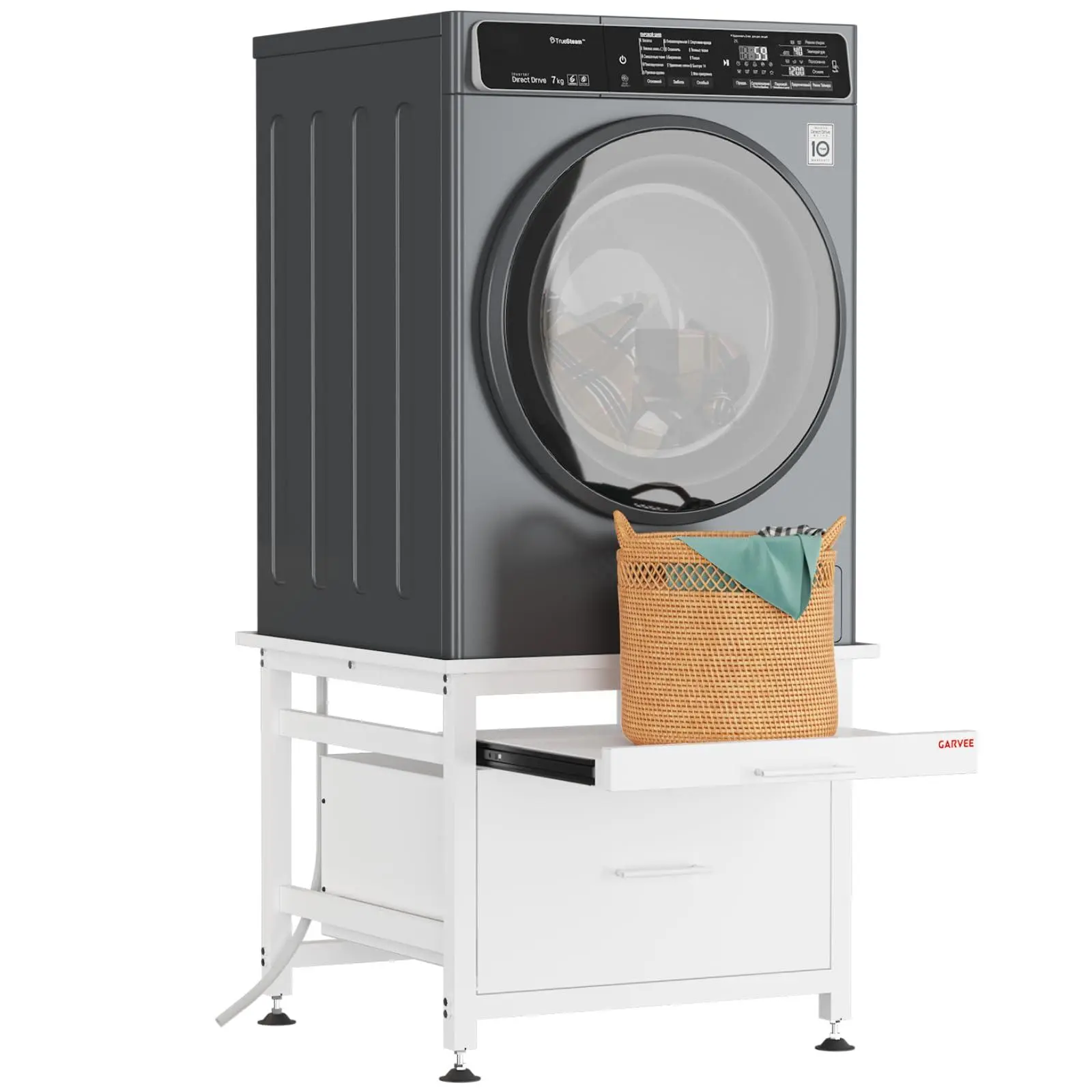 29" Heavy Duty Metal Washer and Dryer Pedestals with Pullout-Shelf and Drawer, Universal Fit Anti-Vibration Washer Dryer Base with Adjustable Feet, Up to 850 LBS Capacity, 29"x29''x23'', White