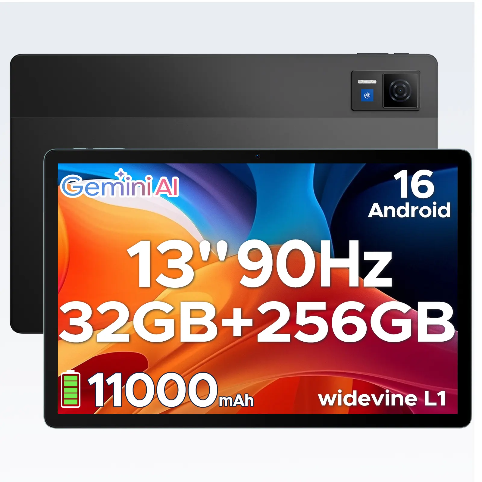 DOOGEE U13 13-inch Android 16 Gaming Tablet with Gemini AI, 11000mAh Battery, 32GB+256GB Storage, 2.2GHz Octa-Core Processor, 90Hz Screen, 13MP+8MP Camera, 7.9mm Ultra-Thin Metal Body, Face Unlock, Audio Support, Bluetooth, Wireless Connectivity, Black, E