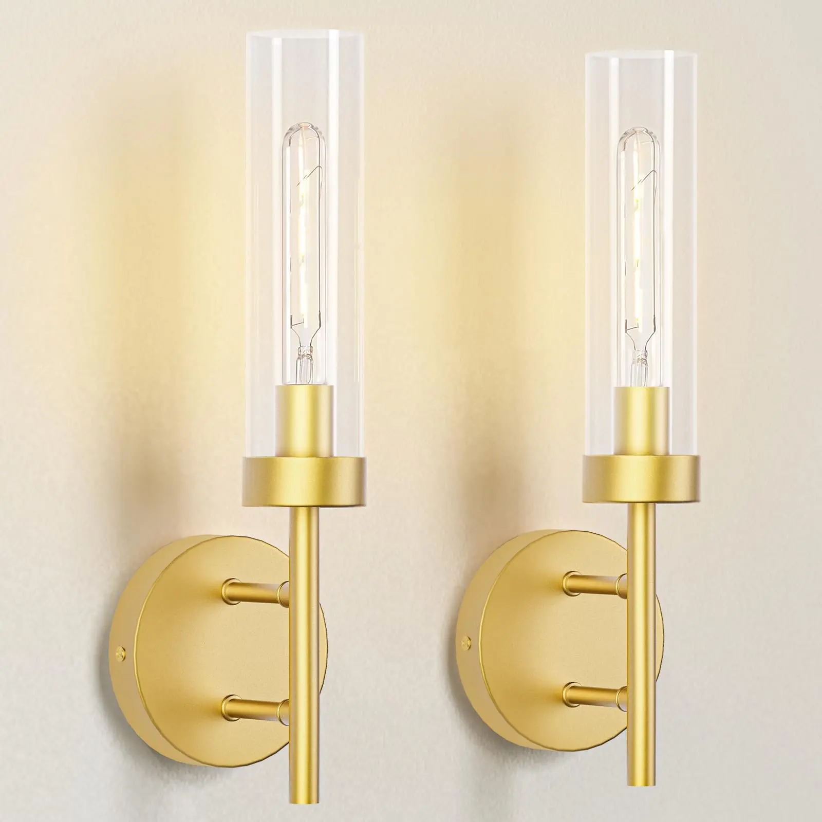Brushed Gold Glass Wall Sconce, Modern Vertical Wall Light with Clear Cylinder Shade for Bathroom Vanity, Living Room, Bedroom, or Hallway