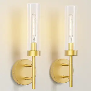 Brushed Gold Glass Wall Sconce, Modern Vertical Wall Light with Clear Cylinder Shade for Bathroom Vanity, Living Room, Bedroom, or Hallway