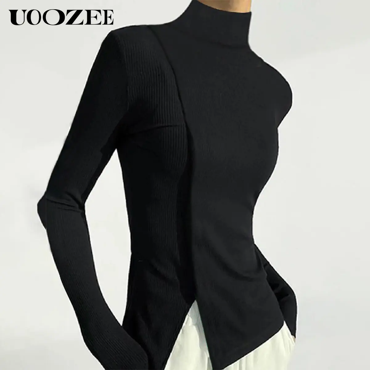 UOOZEE Women's Knit Sweater, Minimalist Asymmetrical Turtleneck Pullover, Long Sleeve Slim Fit Top for Autumn Thanksgiving Style, Knitwear, Lady, Longsleeves, Elegant, Chinese New Year, Valentines Day, Basics, Slim Silhouette, High Neck, Medium Length, Ca
