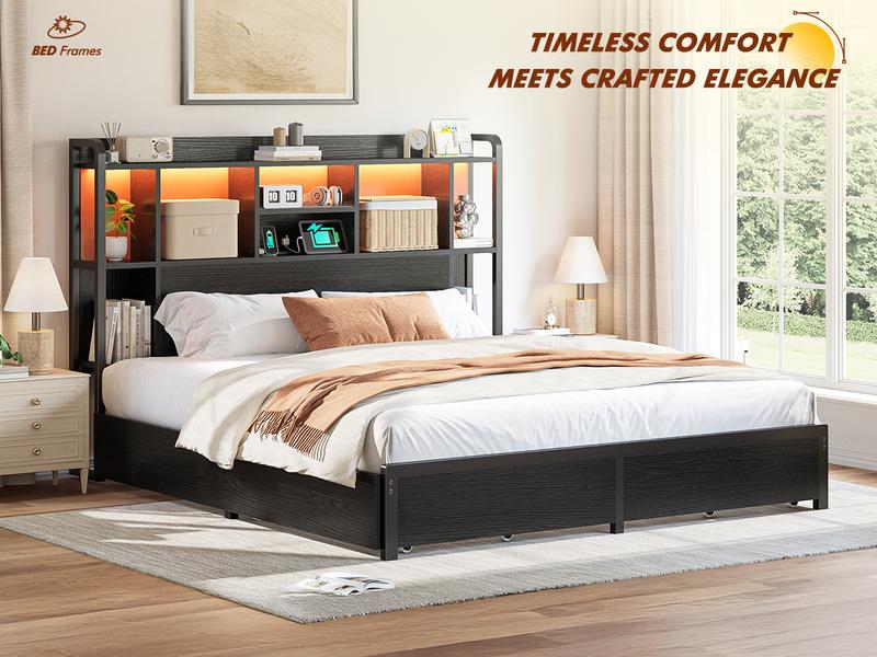 Raybee Modern Queen Bed Frame with 51" Tall Headboard, 9 Storage Compartments & 4 Drawers, LED Platform Bed Frame with Charging Station, Holds 1200LBS with Metal Frame & Slats, No Noise, No Box Spring Needed, Full, King, Black, Rustic Brown Raybee Modern Queen Bed Frame with 51" Tall Headboard, 9 Storage Compartments & 4 Drawers, LED Platform Bed Frame with Charging Station, Holds 1200LBS with Metal Frame & Slats, No Noise, No Box Spring Needed, Full, King, Black, Rustic Brown