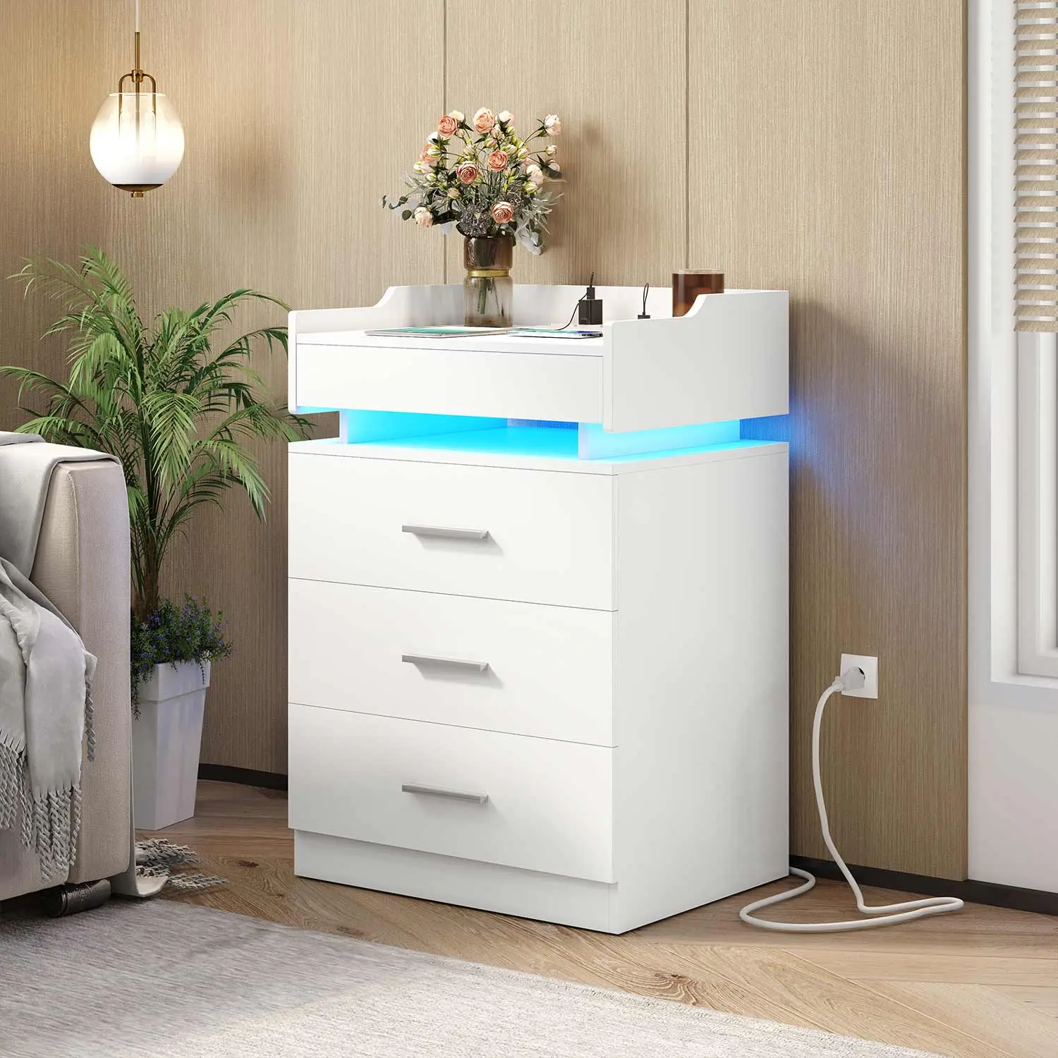 SIKAIC White LED Nightstand with Charging Station - Modern Bedroom Storage Furniture, Bedside Table with LED Light, USB Ports and Power Outlets,dorm essentials,home decor