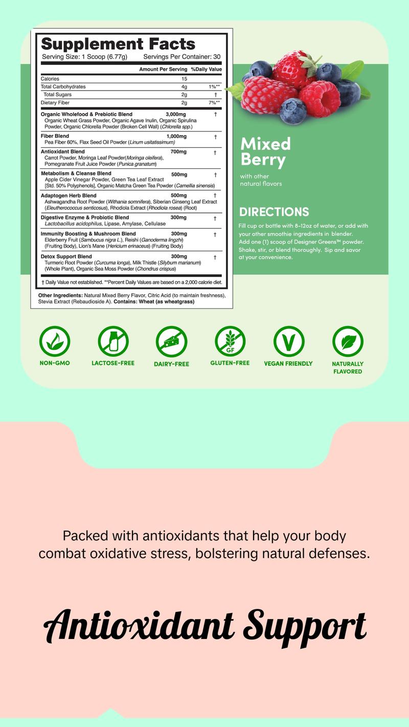 Designer Wellness, Designer Greens Superfood Powder with Prebiotics, Probiotics, Antioxidants, and Detox Support, 30 Servings