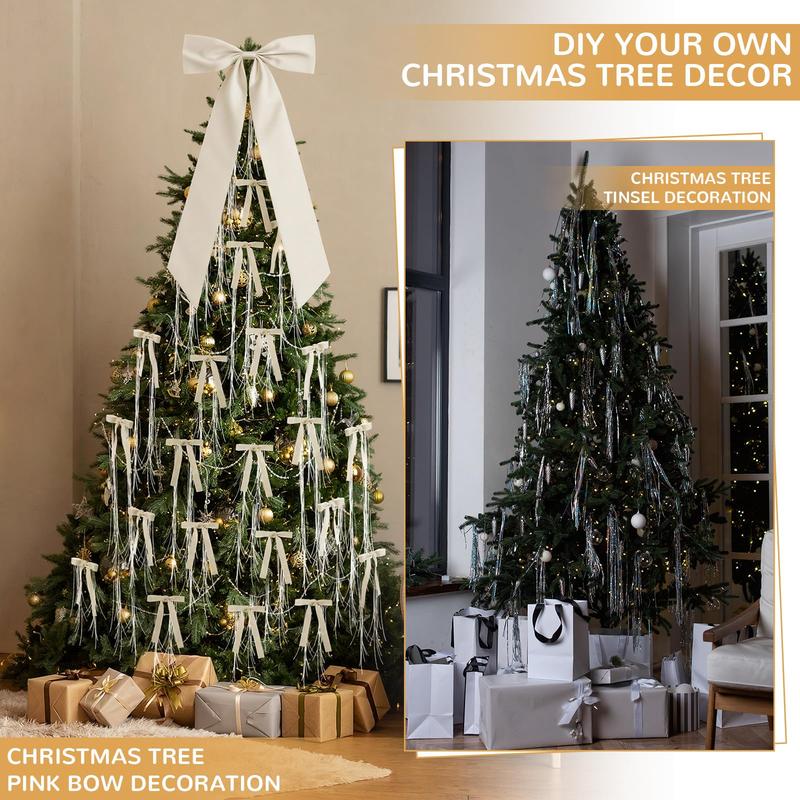 Christmas Clearance Sale Valentine's Day Decor Velvet Bows Christmas Tree Topper Bows & Tinsel Set Christmas Ornaments Bows for Xmas Tree Holiday Home Wedding Party Outdoor Christmas Decor Christmas Gifts, Gif Wrapping & DIY Project