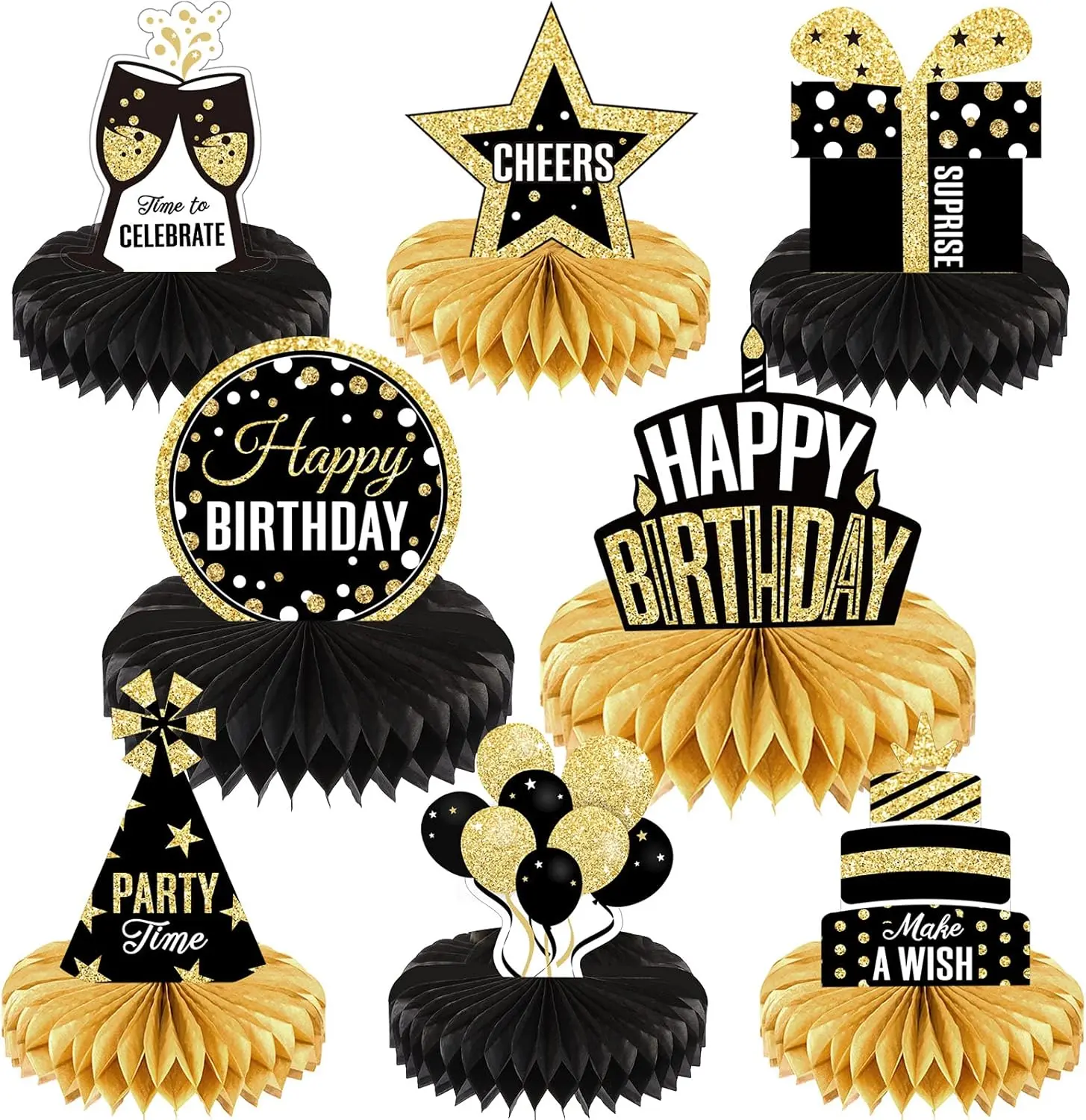 8-Piece Happy Birthday Party Decorations Kit - Non Toxic, Sturdy, Black and Gold Printing, Odourless Festive Home Supplies (5.9x7.8 Inches) with Honeycomb Centerpieces, Table Toppers, Party Favors, Photo Booth Props, Stickers
