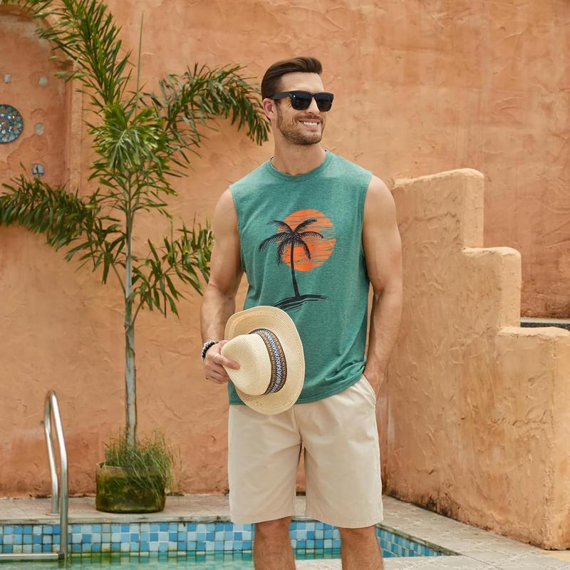 Mens Summer Beach Tank Top Hawaiian Palm Tree Print Sleeveless Muscle Basic Tee Vacation Tops