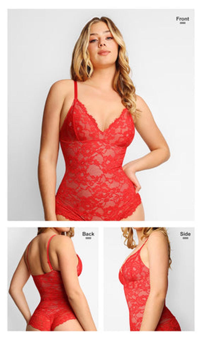 Popilush Basic Full Lace Shapewear Bodysuit Women Vneck Compression Sleeveless Thong Tummy Control Backless Adjustable Sexy Long Sleeve Bodysuit Womenswear