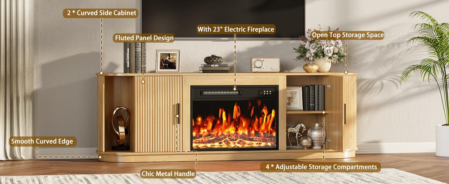 PUKAMI 70" Fluted TV Stand with 23" Electric Fireplace, Modern Wood Cabinet with Fireplace for TVs Up to 80 inches, Curved Edge, Entertainment Center with Sliding Doors for Living Room, Natural Wood