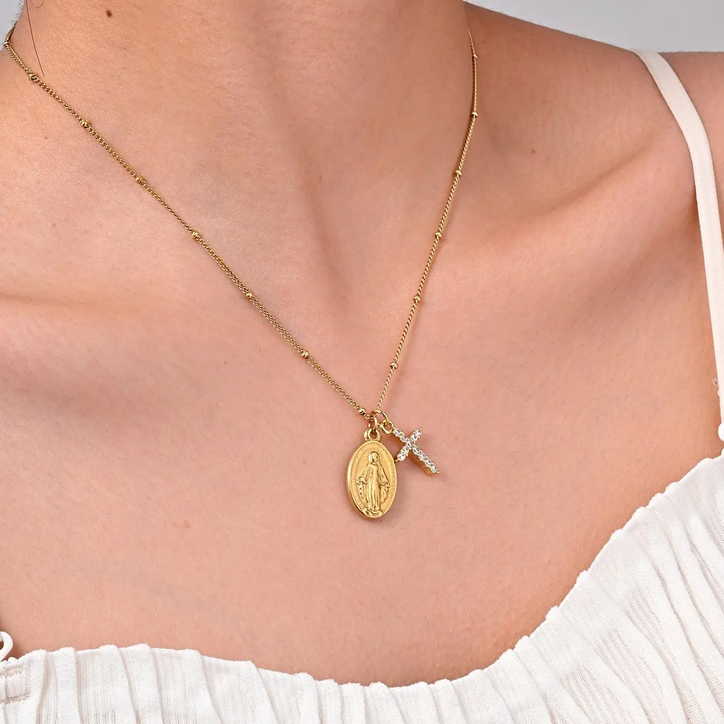 Zircon Cross Virgin Mary Pendant Necklace for Women – Gold Plated Stainless Steel Bead Chain Religious Prayer Jewelry