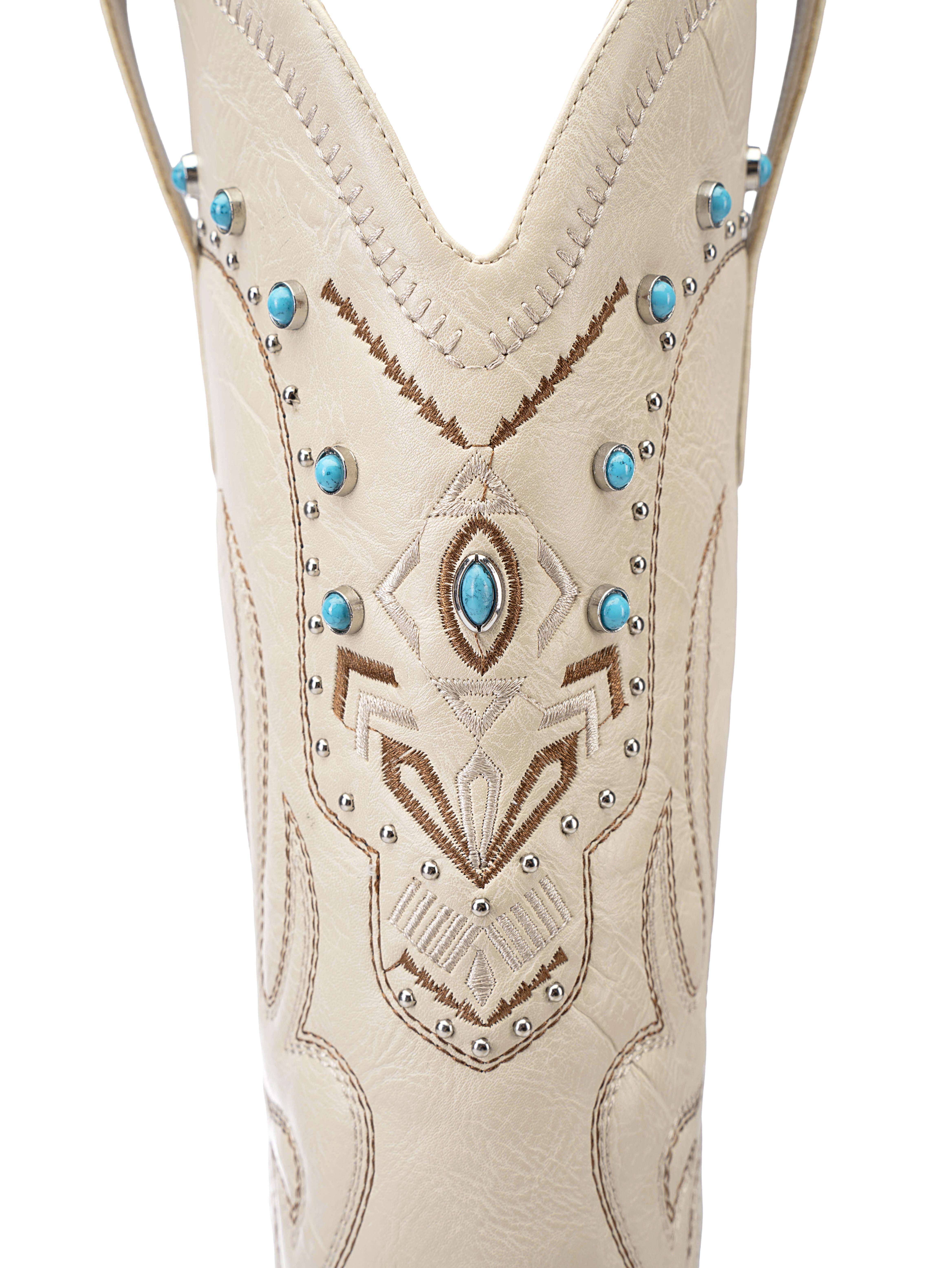 ReneChristine Women's Embroidery Western Cowboy Boots with Studs & Emerald Gemstones, Knee High Wide Calf Cowgirl Boots for Gatherings Weekend Hangouts Black Leather fur boots knee high boots boots for fall thigh high boots brown boots cowgirl boots Sprin