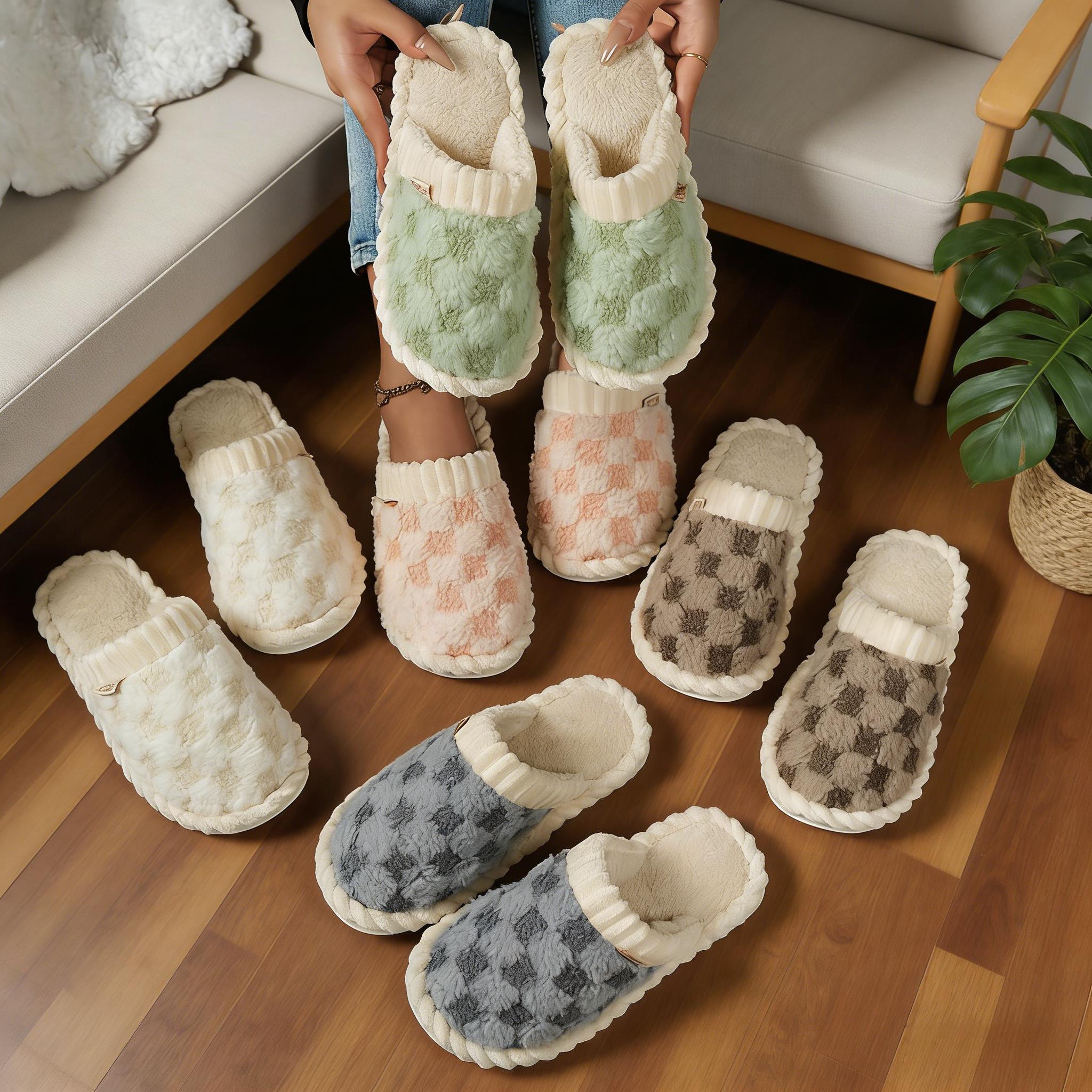 Checkered Plush Slippers for Men & Women – Warm Fuzzy Memory Foam Indoor/Outdoor House Shoes, Non-Slip Cozy Winter Bedroom Slippers