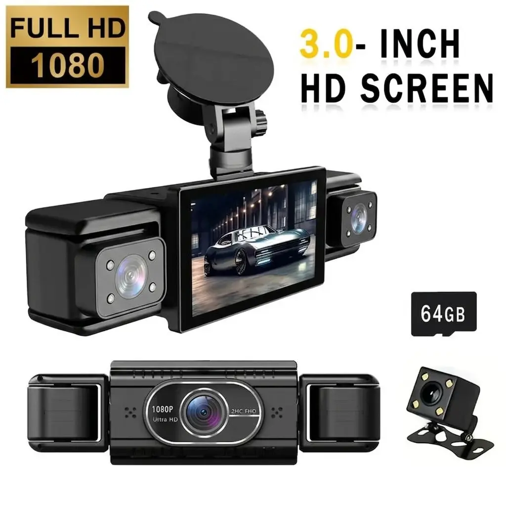 4 Channel 1080P FHD Car DVR Dashcam with 64GB Card, Quad Lens Automotive Dashcam, Full All-Around & Right Coverage, Night Vision, Collision Lock, Parking Mode, Essential Car Accessories Gift for Truck Dash Camera
