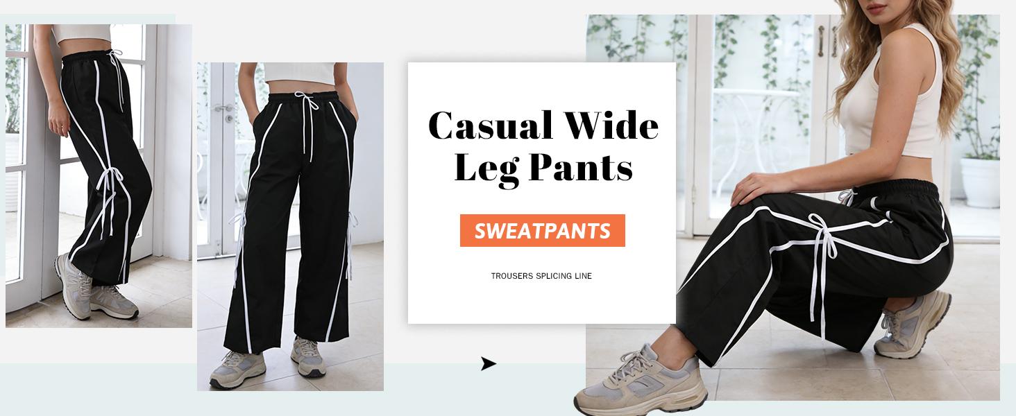 Showyg Women's Vintage High-Waist Wide-Leg Baggy Sweatpants, Loose Side Stripes Bow Tie Detail Casual Streetwear Bottoms