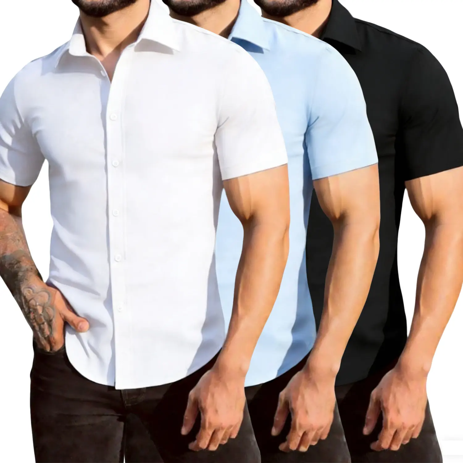 Men's 3-Pack Lightweight Polyester Short-Sleeve Button Dress Shirts - Neat, Wrinkle-Resistant, Plain, Stylish, Regular Fit, Collared Neck, Breathable Menswear for Business/Professional Casual Summer Tops