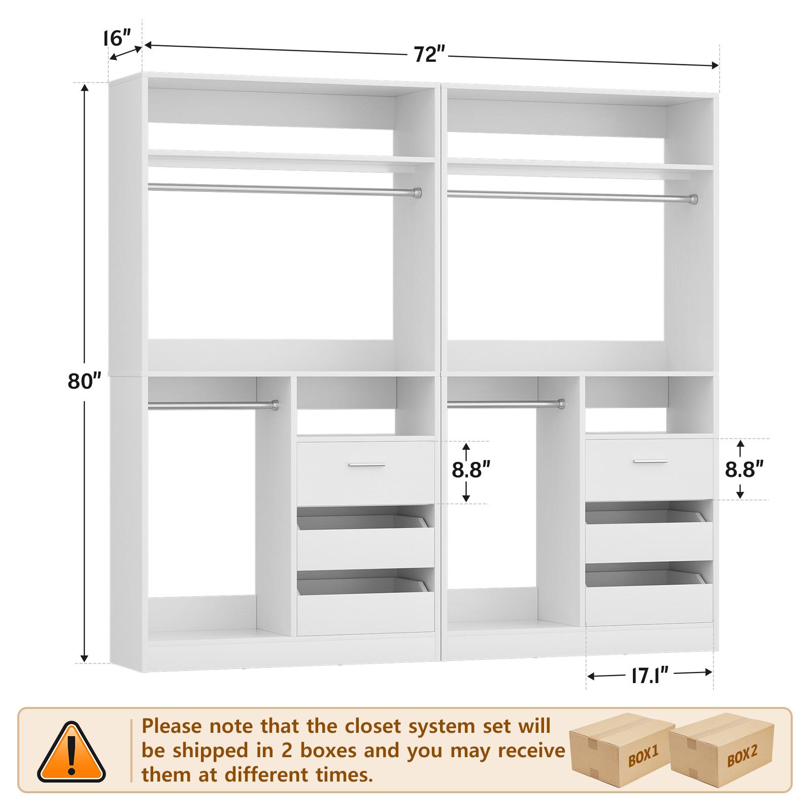 Unikito 36''-108'' W Closet System with Wooden Drawers and Hanging Rods,Sturdy Freestanding Walk-in Closet Organizer System Wardrobe Rack with Storage Shelves