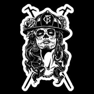 Sugar Skull Girl with New York Hooks Firefighter- Includes Two 3" Stickers for Helmets Lockers and Other Surfaces