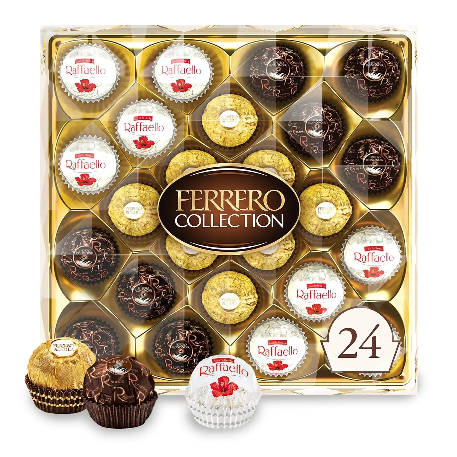 Ferrero Collection Premium Assorted Chocolate Snacks - Palm Oil Wafers with Hazelnut Mix, Dark, Coconut, Almond, Milk Flavors - Wheat Flour, Cocoa Powder - 24-Count, 6.1 oz Gift Box for Mother's Day, All Ages