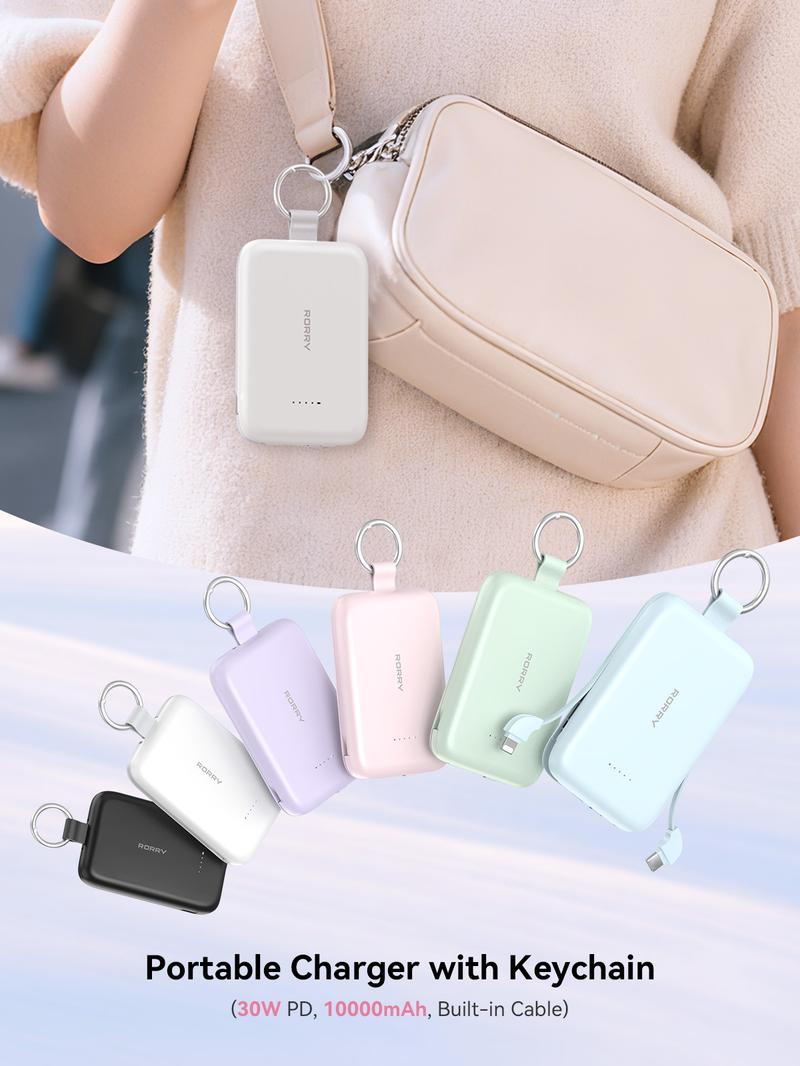 RORRY 10000mAh Portable Charger 30W Fast Charging Power Bank with Built-in Type-C & Lighting Cables Travel Keychain Battery Pack for iPhone 17-12 AirPods Android iPad Switch Lightweight Compact Multi Device Charging   valentinesdaygiftideas