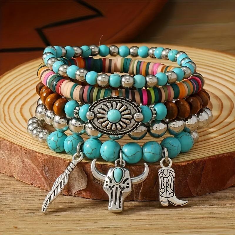 5pcs Elegant Beaded Stretch Bracelet For Women With Turquoise Stone Handmade Beaded Bracelet Retro Pendant Chain Set Charms - Boho Chic Multiple Color Elastic Bead Stackable Bracelets For Daily Wear Fashion Jewelry Set