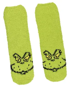 Dr. Seuss GRINCH Socks Kids Grinch Face Fuzzy Plush Slipper Socks w/ No-Slip Sole