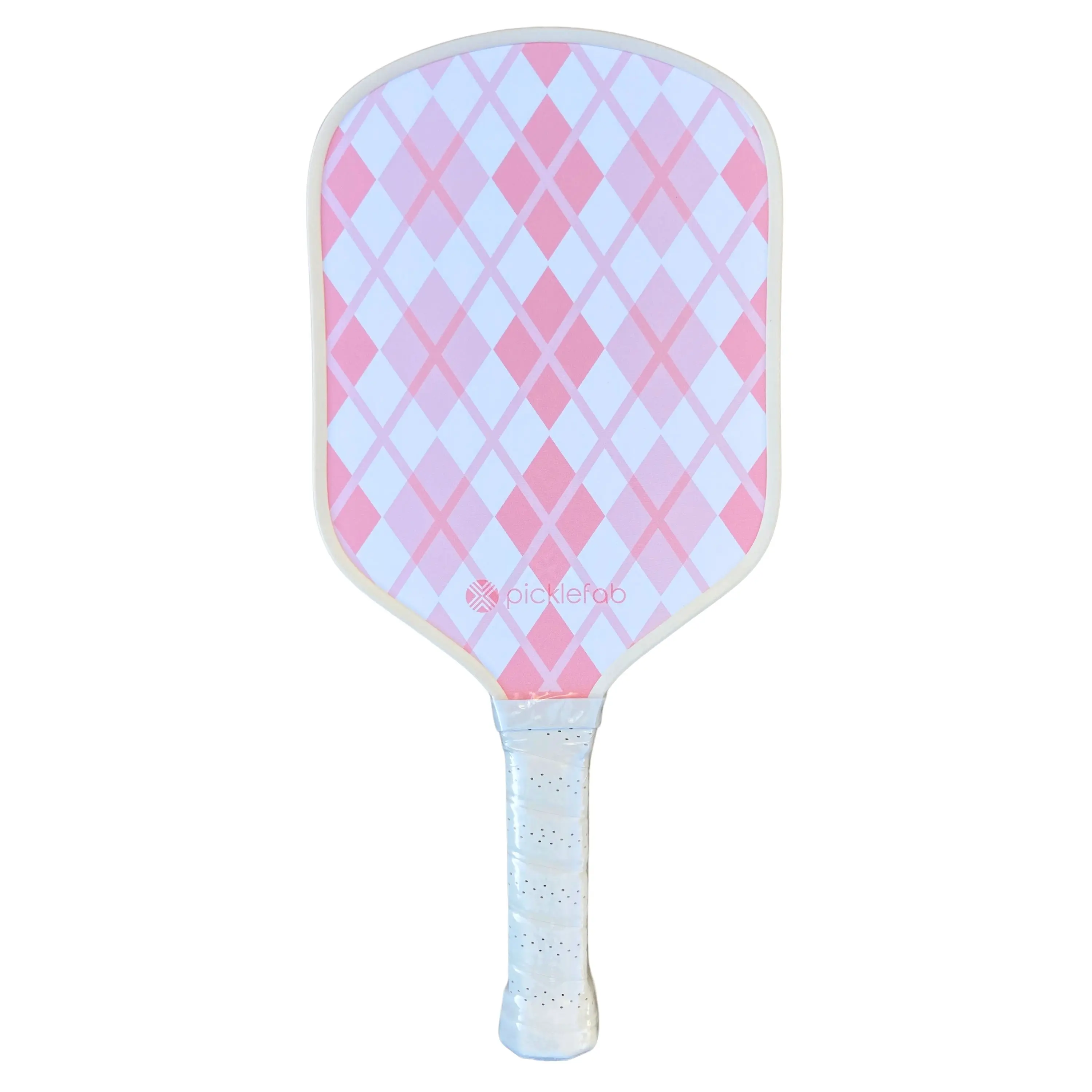 Picklefab Pink Argyle Fiberglass Pickleball Paddle for Women- Female Single Paddle with Smaller Grip - Girly Textured Racket Surface - Lightweight 8oz 16mm Core 16.5" Length - Designer Pickleball Gifts for Ladies