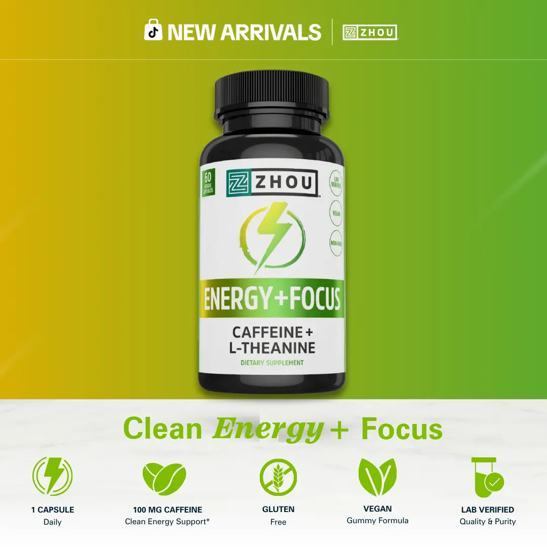 Zhou Energy + Focus Capsules for Adults – L-Theanine & Natural Caffeine 2:1 Formula Supplement for Smooth Energy, Focus & Mental Clarity