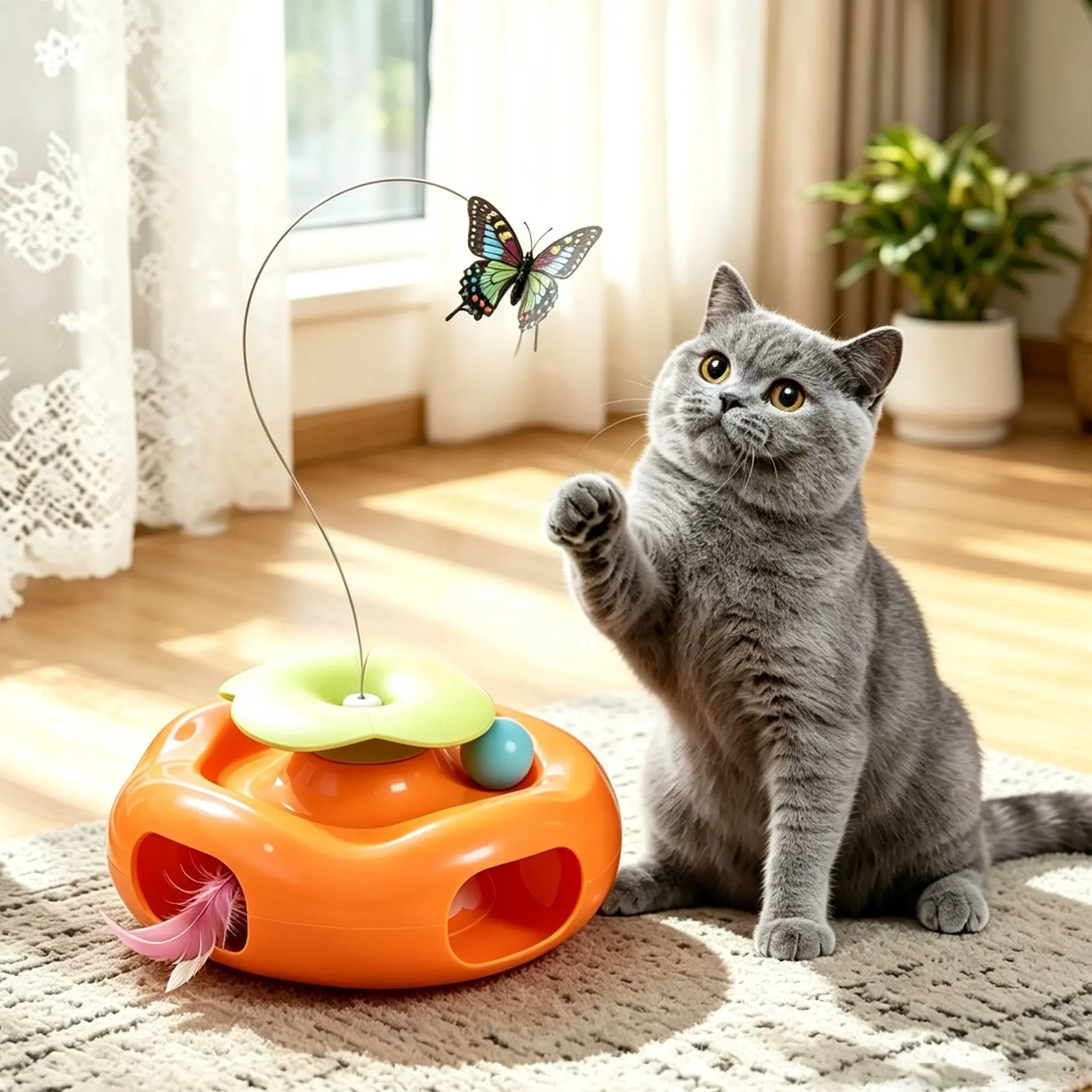 3 in 1 Interactive Cat Toy, Automatic Fluttering Butterfly, Moving Feather & Track Balls, Motion Activated Toy for Indoor Cats & Kittens, Cute Orange Cat Enrichment Toy