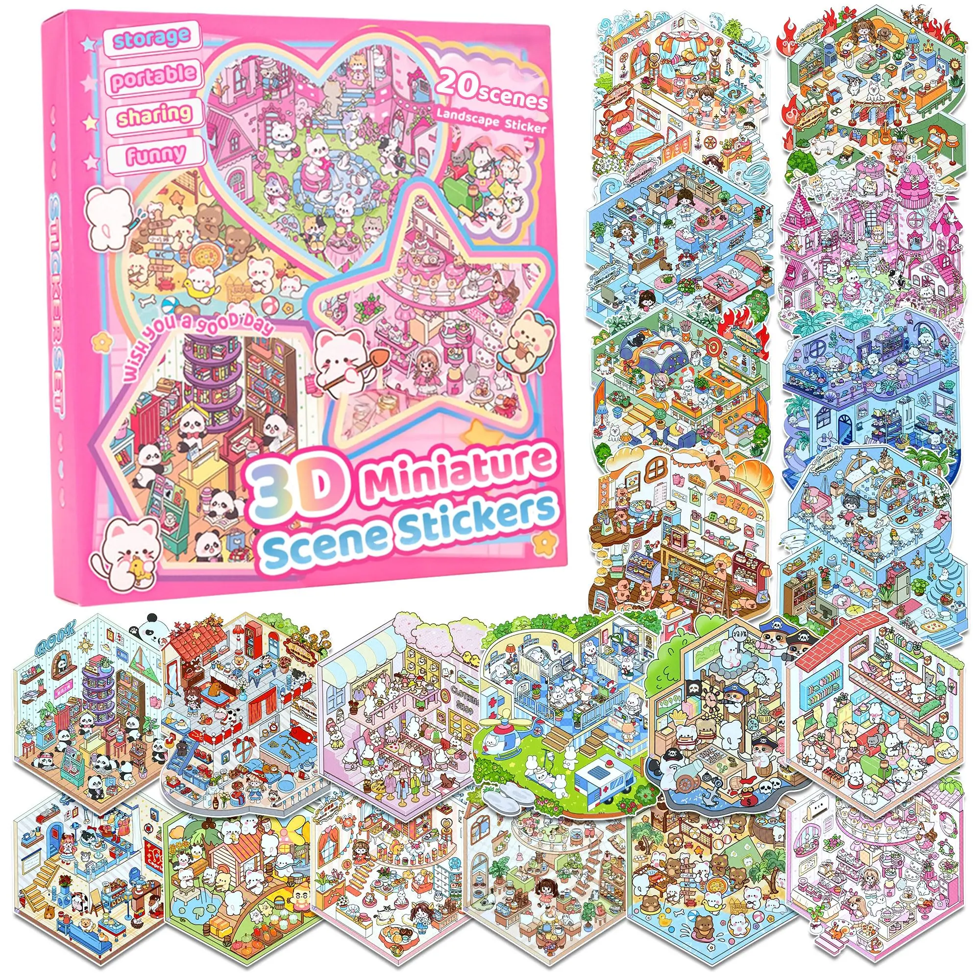 20 Sets DIY Crafts 3D Sticker Scene Book, Sticker Therapy for Adults, 3D House Stickers with Collection Box, Cute Cartoon Scene Stickers, Sticker Sheets, Sticker Packs, Scrapbooking