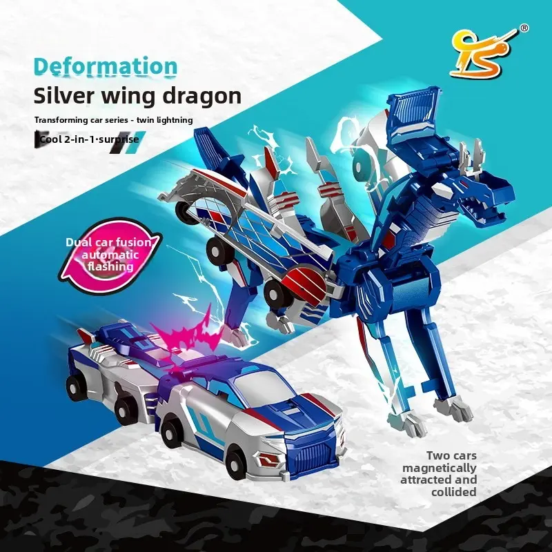 SKYQITIAN Magnetic Transforming Toy Car - Silver Wing Dragon & Martian Deer Combination, Impact-Activated Transformation, Sound and Light Alloy Mecha Model, Children's Holiday Gift summerwins
