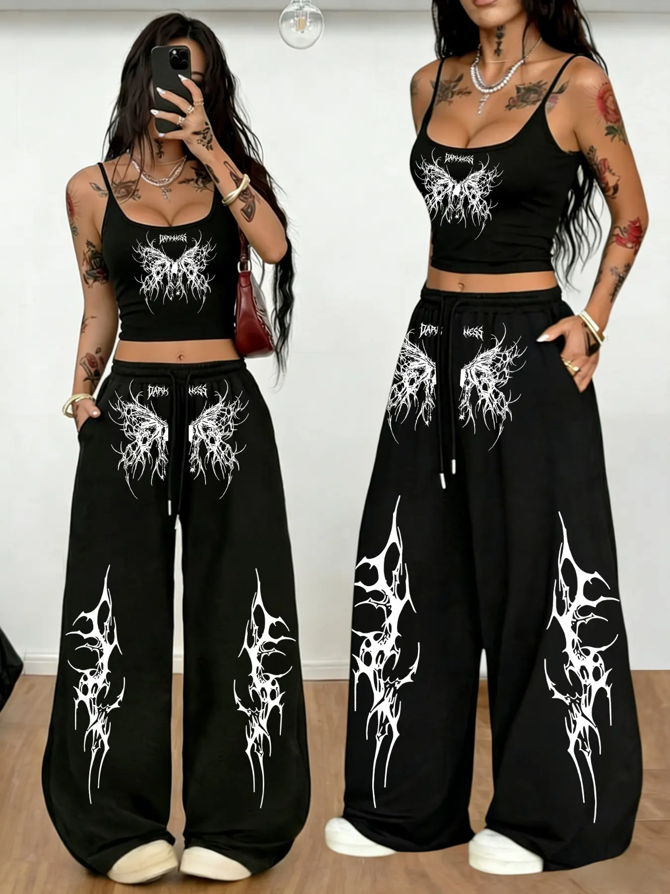 Black Cropped Cami and Wide Leg Adjustable Sweatpants Set, Summer Casual Set with Bold Butterfly Thorn Print, Dark Hot Girl Outfit, Versatile Relaxed Fit Streetwear, Soft Breathable Fabric, Perfect for Layering & Lounging, Womenswear