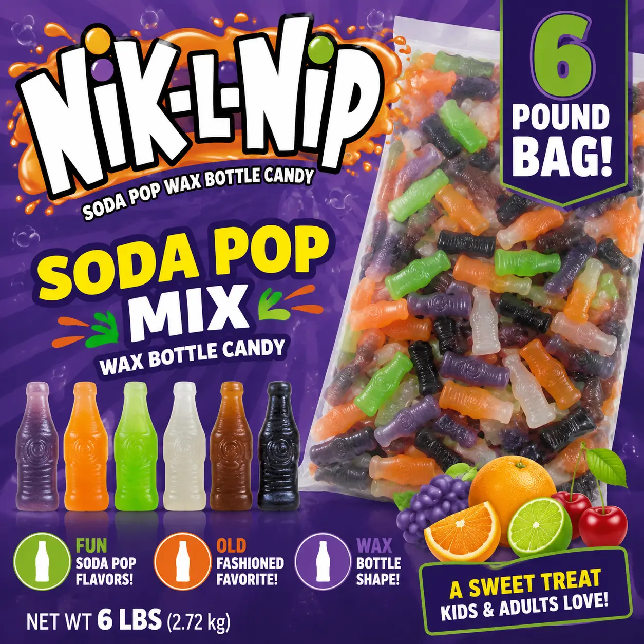 Nik-L-Nip Soda Pop Mix Wax Bottle Candy 6 lb Bag  Assorted Liquid Filled Wax Candy Bottles | Retro Novelty Candy for Parties & Events