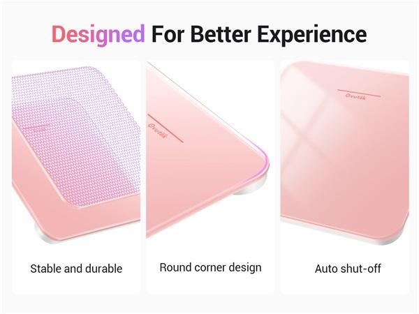 OVUTEK Bathroom Scale for Body Weight, Highly Accurate Digital Weighing Machine for People, Upgraded Batteries Included, Compact Size, LED Display, High Standards Sturdy Tempered Glass, 400lb, Pink