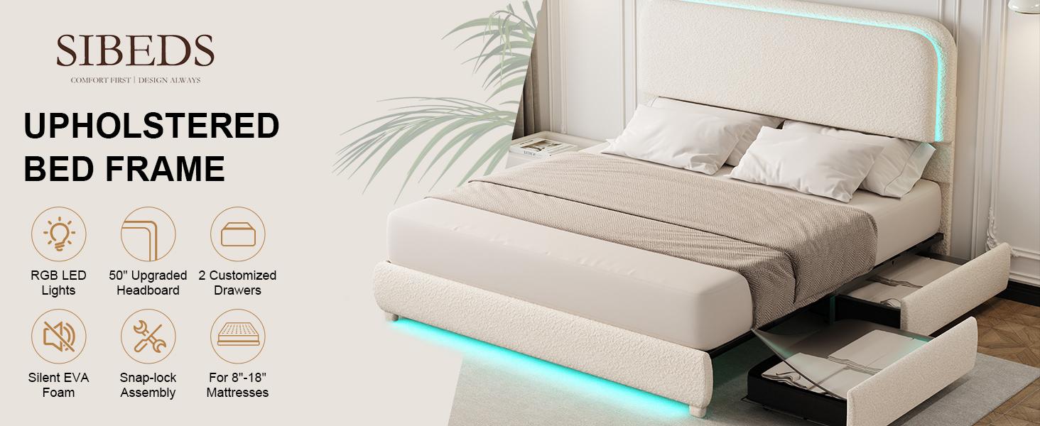 New Arrival Queen LED Bed Frame with 2 Drawers, Teddy Fleece Rounded Upholstered Platform, Headboard, No Box Spring, Quiet, Easy Assembly-Cream,Pink