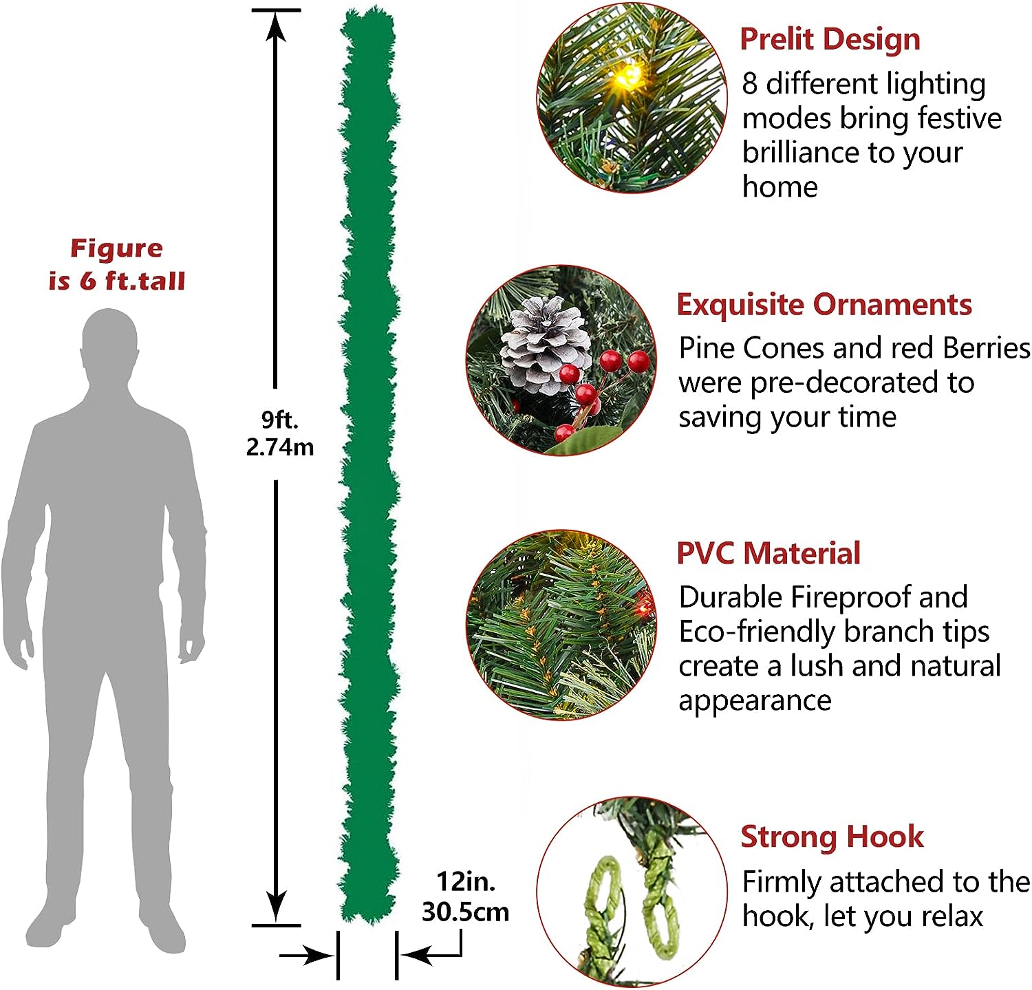 SHareconn 9FT Prelit Artificial Christmas Garland with Color Changing Lights & Timer Batteries Operated for Mantle Table Stairs Fireplace Xmas Decoration Multicolor Holiday Ornaments