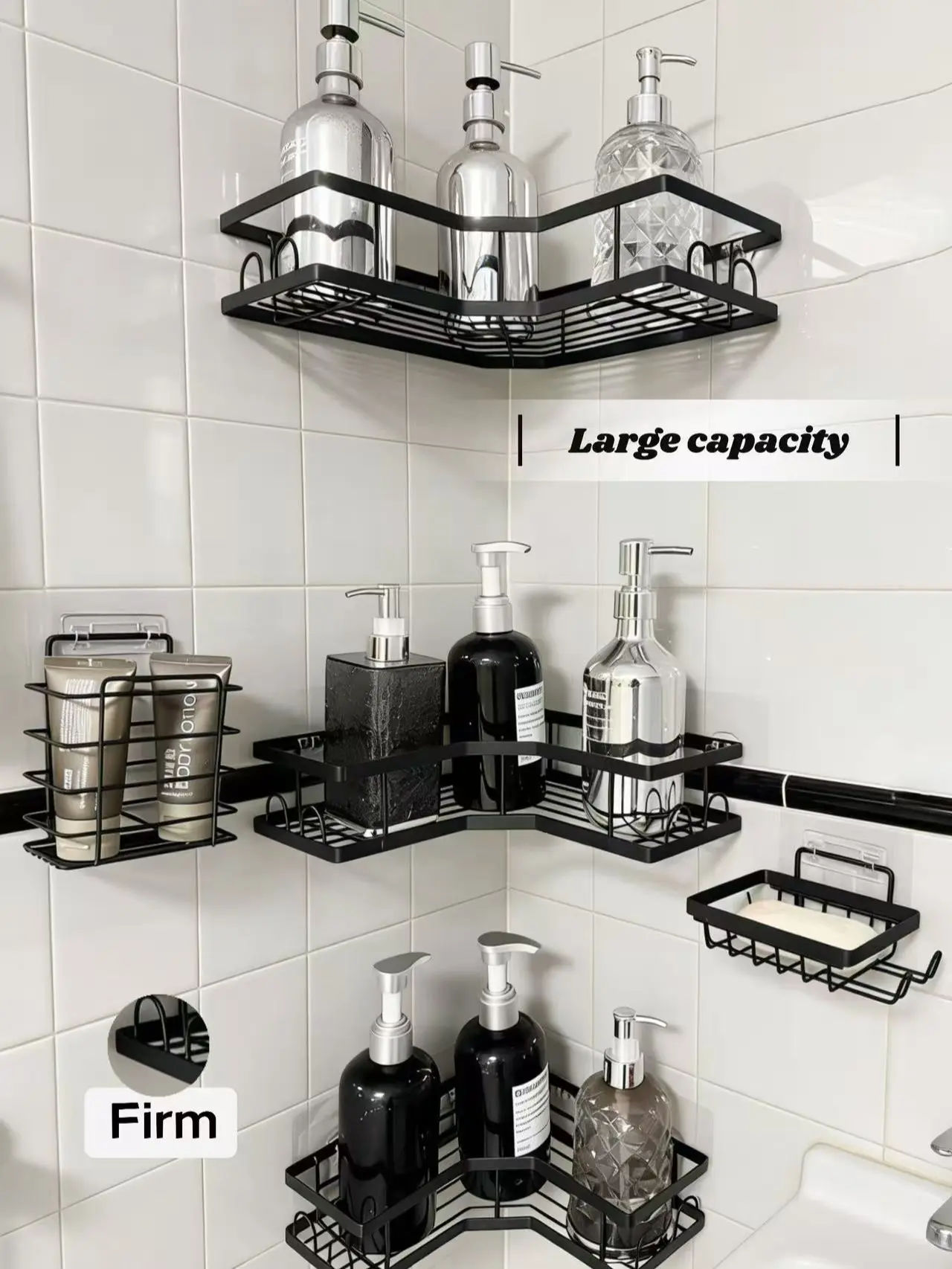 Blush Pink 5-Piece Durable Self-Adhesive Stainless Steel Wall-Mounted Shower Organizer Caddy Set - Quick Stick Setup, No-Drilling Installation, Rust-Resistant, Modern Large-Capacity Hollow Round Holder for Shampoo, Body Wash, Bathroom Decor, Beauty Produc
