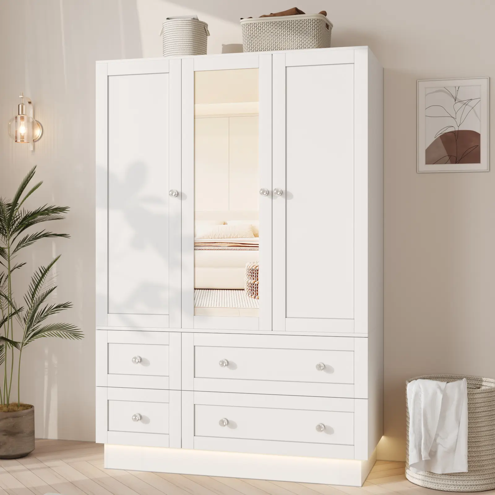【2 Packages Delivery】VOWNER Bedroom Wardrobe with 3 Doors and 4 Drawers, Mirror, RGB Lights, Hanging Rod, Bedroom, Living Room, White, Black