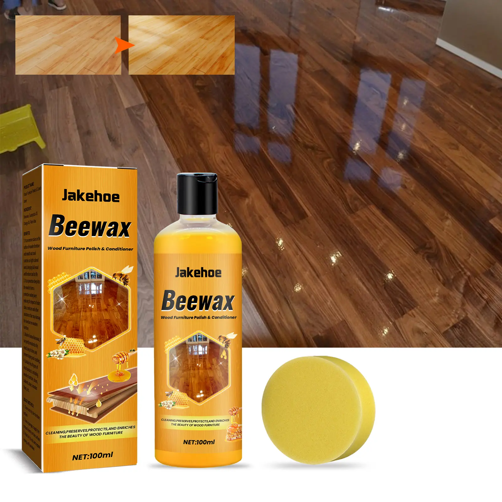 Jakehoe Household Wooden Floor Protection Wax & Cleaner - Natural Enzyme Beeswax Formula Wood Conditioner, Floor Care Solution for Stubborn Dirt, Dullness, Scratches, Deep Cleaning, Anti-Dust, Long-Lasting Shine