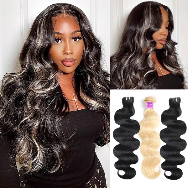 Highlight 1B/613 Blonde Body Wave Human Hair Bundles Unprocessed 15A Raw Human Hair Bundles 100g per Bundlle Quick Wave Extensitions