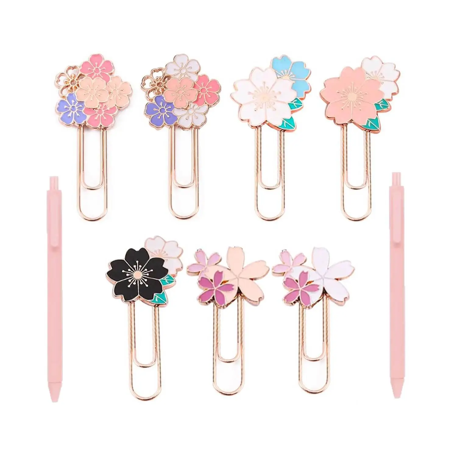 Large Size Metal Coated Cherry Blossom Flowers Bookmark Set - 7 Metal Bookmark Colorful Clips, 2 Ballpoint Pens, Business Card Holder for Students, Editing, Readers, Cute Look DIY Note Organization