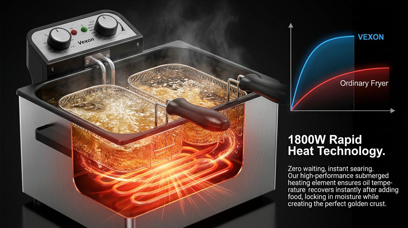 VEXON 5L Extra Large Deep Fryer with 3 Baskets – Family-Size 1800W High-Heat Frying, 21-Cup Capacity, Easy Clean, Perfect Gift for Home Cooking & Family Meals